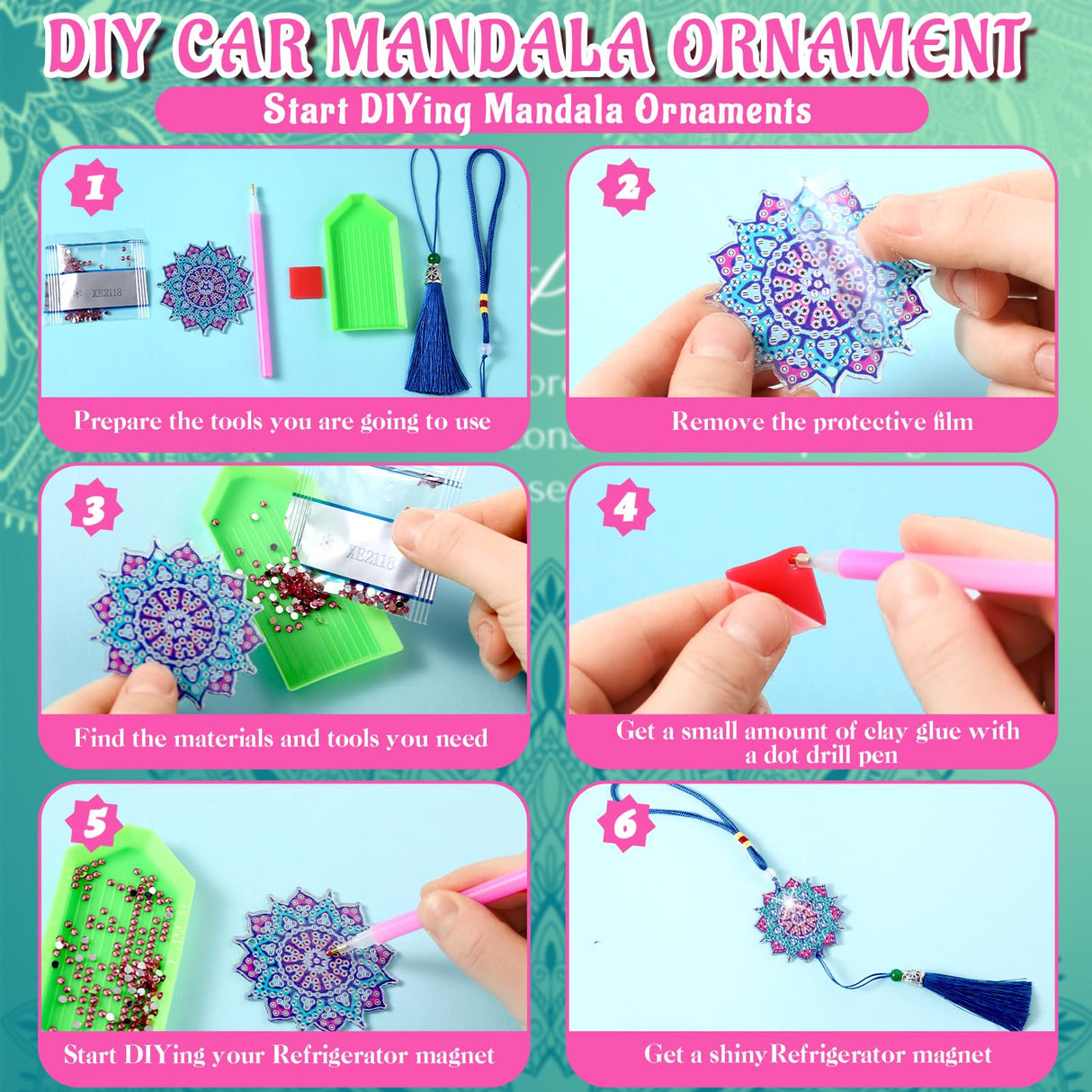 JenPen 12 Pcs Diamond Painting Car Ornaments Diamond Art Ornament for Car Double Sided Painting Hanging Ornament Crystal Gem Garden Decoration Paint DIY Kit(Mandala) JenPen