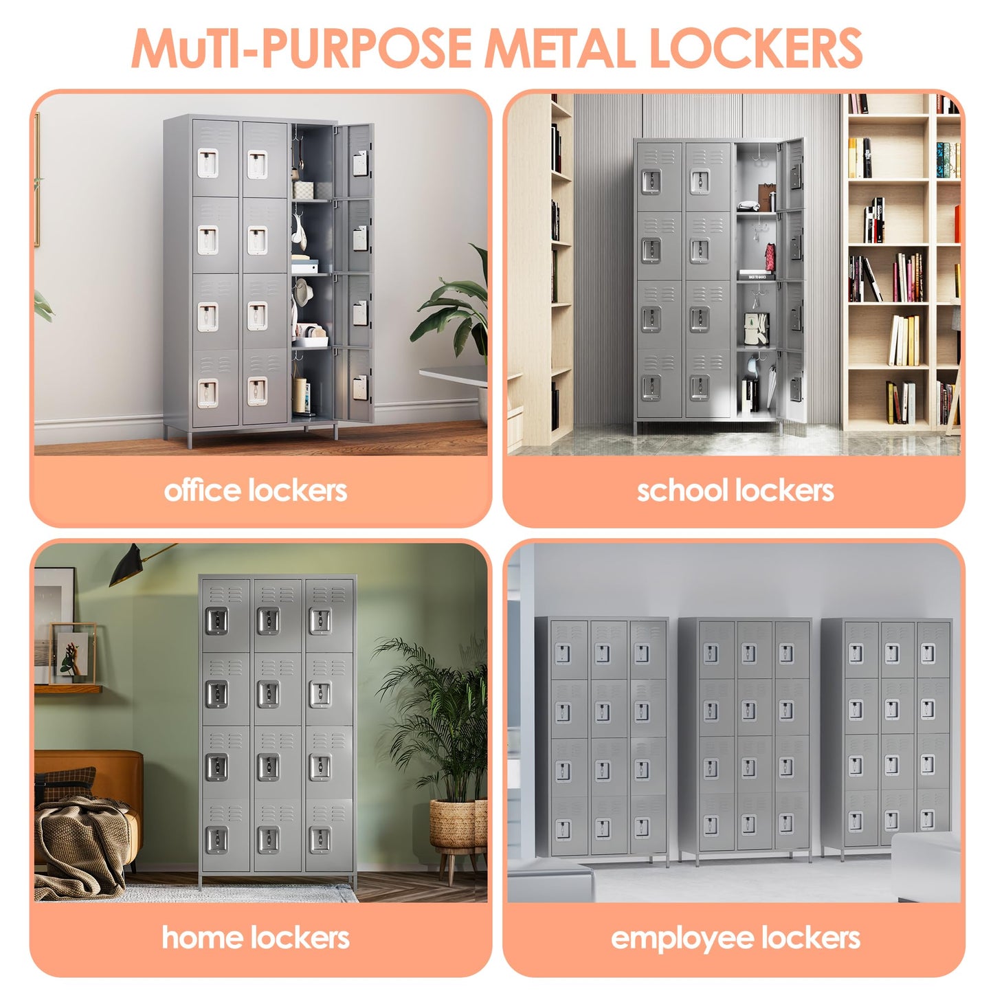 SUXXAN 12 Doors Storage Locker Combination with 12 Hooks,Industries Double Tier Metal Locker for School Office Gym Home Employees Staff Sundries Room W35.43*D15.7*H72 (Light Grey) - WoodArtSupply