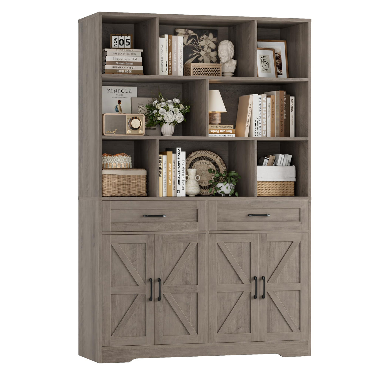 HOSTACK 71" Tall Bookcase with Drawers and Doors, 47" Wide Book Shelf and Bookcase with Storage, 6 Tier Large Book Storage Cabinet with Display Shelves for Living Room, Home Office, Ash Grey HOSTACK