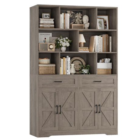 HOSTACK 71" Tall Bookcase with Drawers and Doors, 47" Wide Book Shelf and Bookcase with Storage, 6 Tier Large Book Storage Cabinet with Display Shelves for Living Room, Home Office, Ash Grey HOSTACK