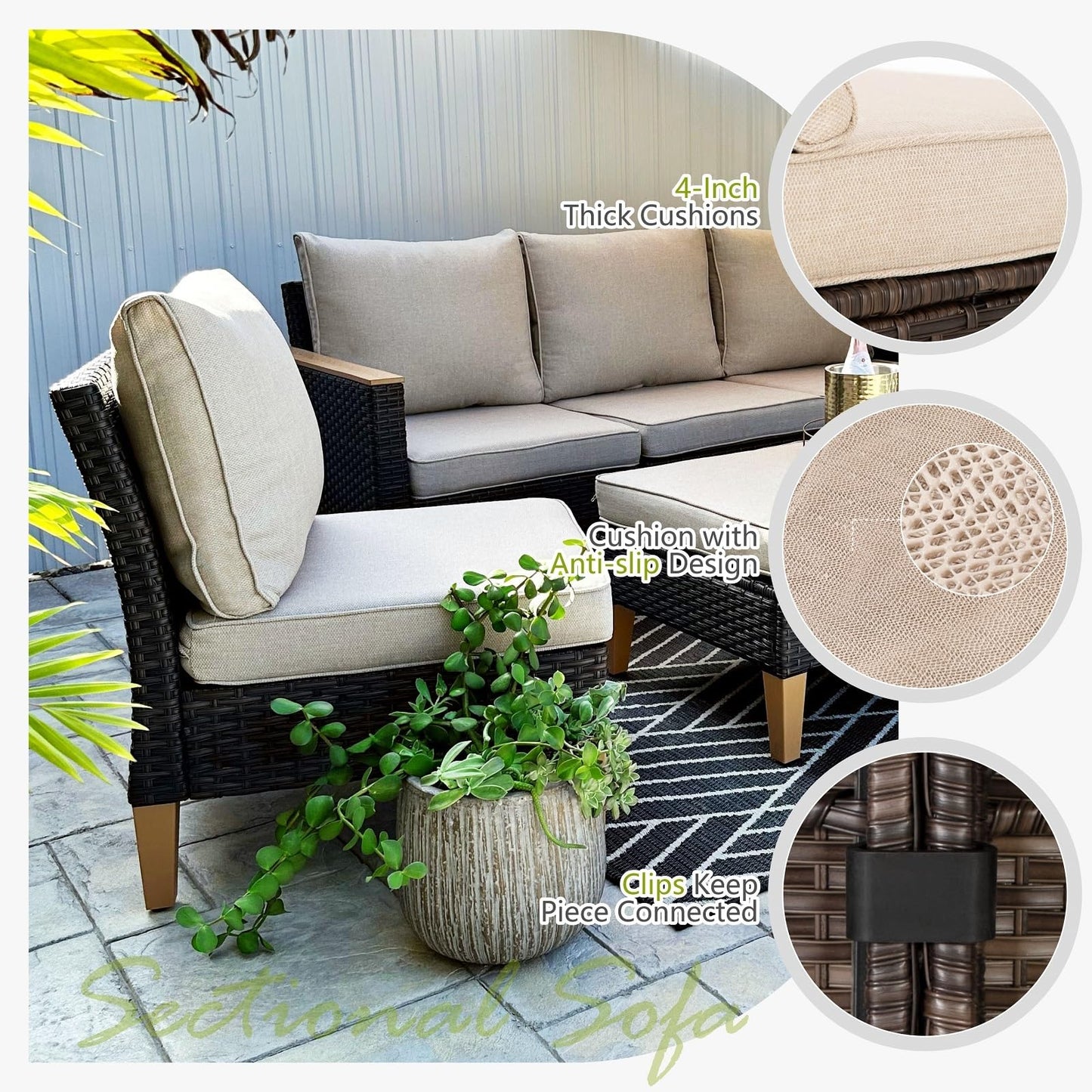 Sophia & William Large Outdoor Patio Furniture Set High Back 12 Piece Wicker Rattan Patio Sectional Sofa Furniture Conversation Set with Single Sofa Chairs, Ottomans,Clips & 4" Thick Cushions, Beige