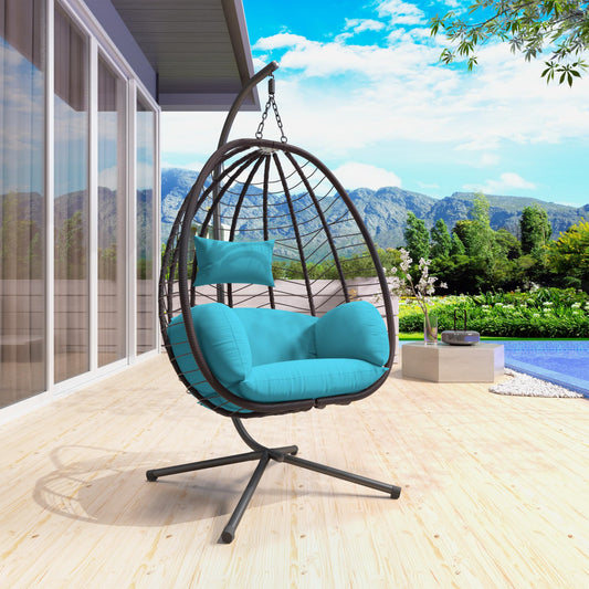 Piltwoff Hanging Egg Chair with Stand, Indoor Outdoor Wicker Rattan Egg Swing Chair with Cushion Headrest, Hammock Chair 350lbs Capacity for Bedroom Patio Porch Garden Balcony(Blue)