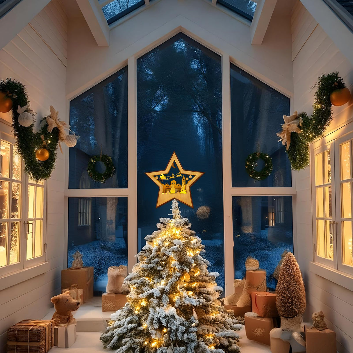 OurWarm Christmas Tree Topper Star Lighted, Wooden Star Tree Toppers Christmas Decorations, Christmas Tree Star Topper with Lights, Rustic Tree Topper for Shelves Tables Indoor Christmas Decorations OurWarm