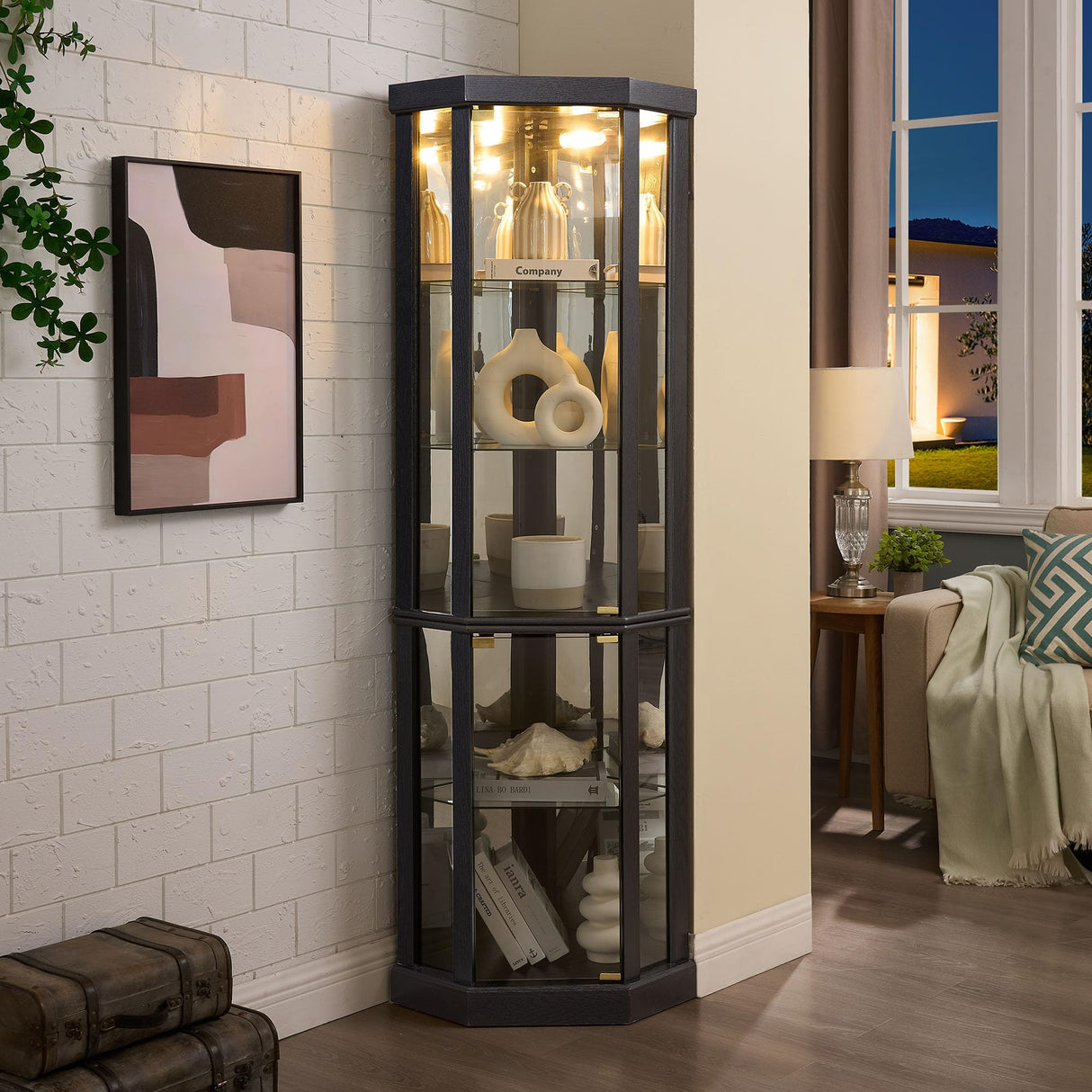 Lighted Corner Display Curio Cabinet Wooden Shelving Unit with Tempered Glass Door, Bar and Liquor Storage Area with 4 Shelves, Wine Cabinet，Black CQSXDA