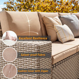 Aukreolis 13 Pieces Patio Furniture Set with Fire Pit Table, Outdoor Sectional Wicker Sofa with Thickened Cushions and Coffee Table, High Back Rattan Patio Conversation Sets, Khaki Aukreolis
