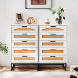 Mericonia 5 Drawer Rattan Dresser for Bedroom, Wood Tall Dresser for Closet with Metal Handles, Boho Nightstand Sets, Dressers & Chests of Drawers for Bedroom, Hallway and Entryway, White Mericonia