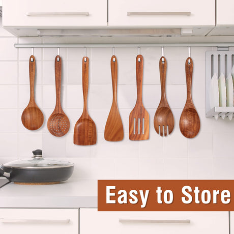 Mooues 9 Piece Natural Teak Wooden Kitchen Utensil Set with Spoon Rest - Comfort Grip Cooking Spoons and Utensils Holder Mooues
