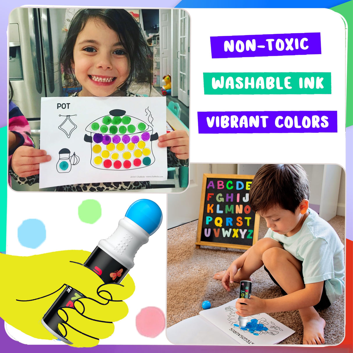 Chalkola 6 Washable Dot Markers for Toddlers 1-3 | Non Toxic Bingo Daubers for Toddlers 2-4 | Preschool, Kindergarten Paint Stamp Markers Set - Dot Art and Crafts Supplies for Kids Chalkola