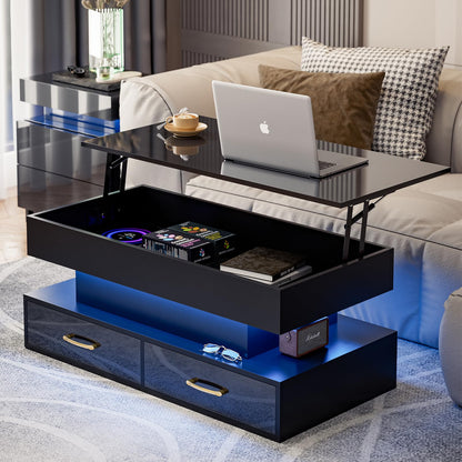 IKIFLY Modern Lift Top Coffee Table, High Glossy Coffee Table with 16 Colors LED Lights, Lift top Coffee Table with 2 Drawers and Hidden Compartment for Living Room Black - WoodArtSupply