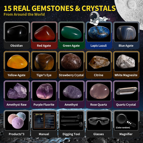 GobiDex Gemstones Dig Kit, Solar System Science Kit for Kids, Excavate 15 Real Gems, STEM Educational Space Toys Planet Collection Kit, Archaeology Geology Science Projects Gift for Boys&Girls Age 6+ GobiDex