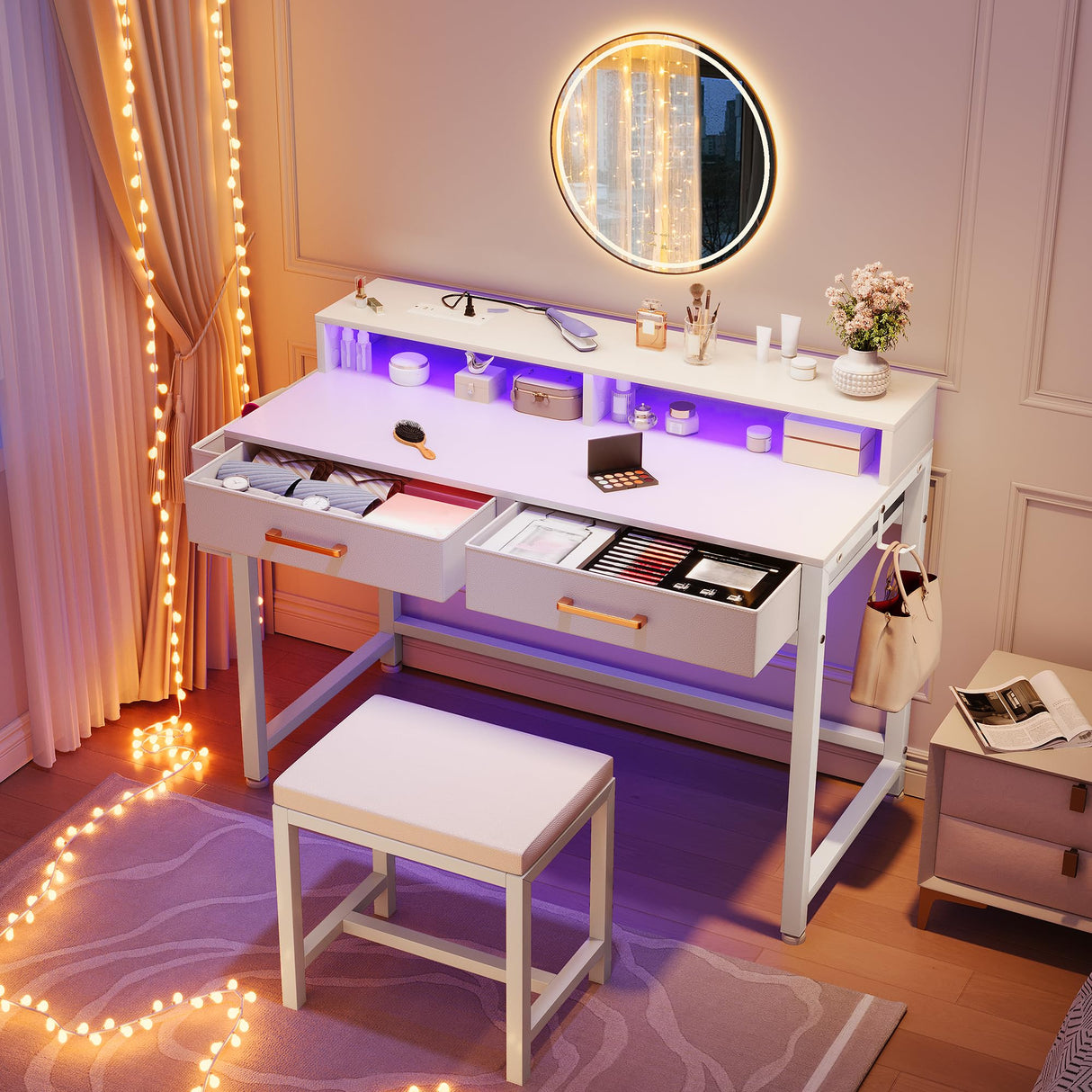YITAHOME Modern Vanity Desk with Stool, Small Makeup Table with Drawers and RGB Lights, Power Outlet, Interchangeable Side Hook & Side Pocket, No Mirror Design (31.5 x 15.7 x 34.3 Inches, Pearl White) YITAHOME