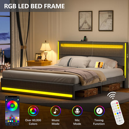 Dnxao King Size LED Upholstered Bed Frame with Charging Station and Noise-Free Design - WoodArtSupply