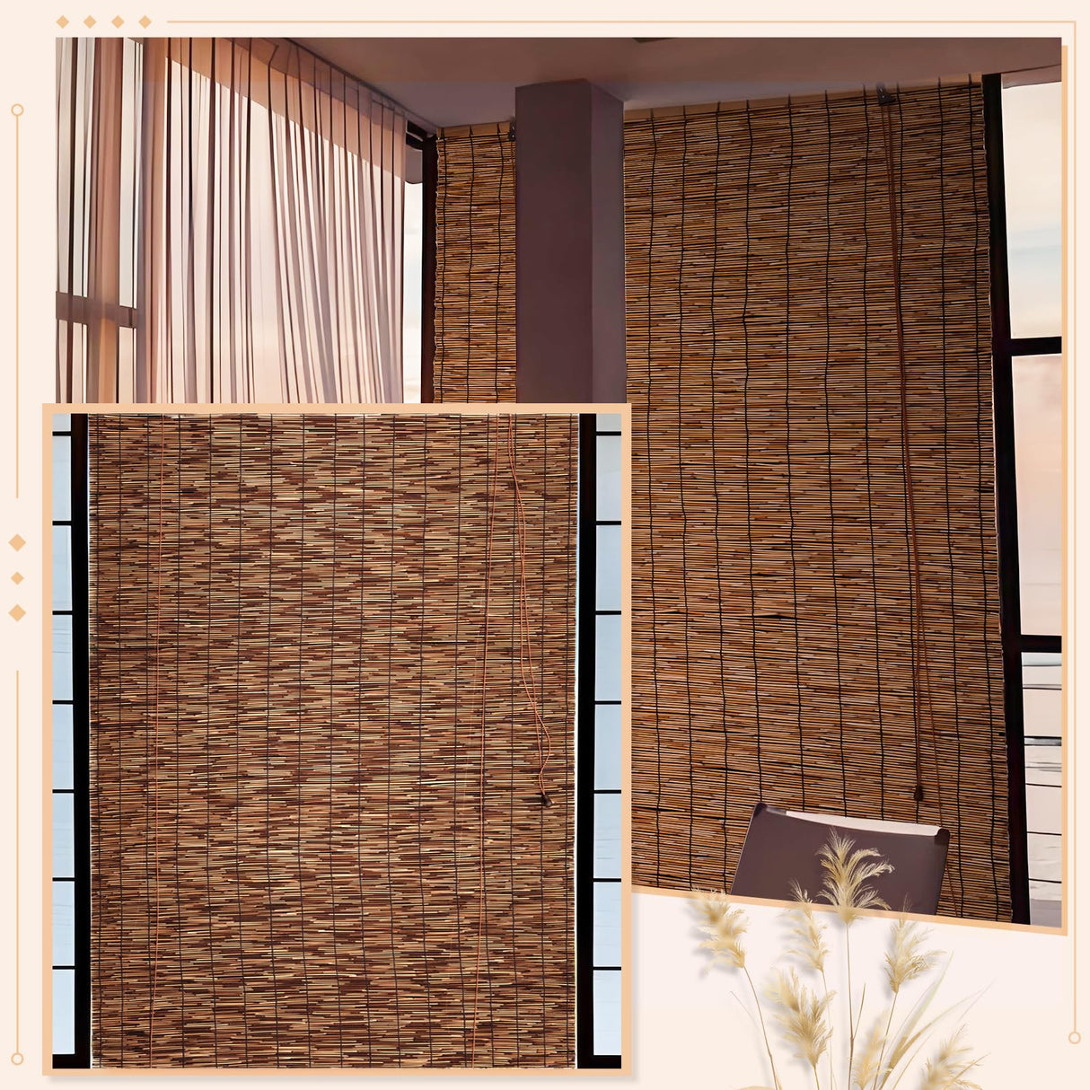 SHYDZYYC Reed Roller Shades,2 Pcs 48" W x 72" H Waterproof Privacy Screen Bamboo Outdoor Blind, Reed Curtain for Porch, Patio, Yard, Windows (Brown) SHYDZYYC