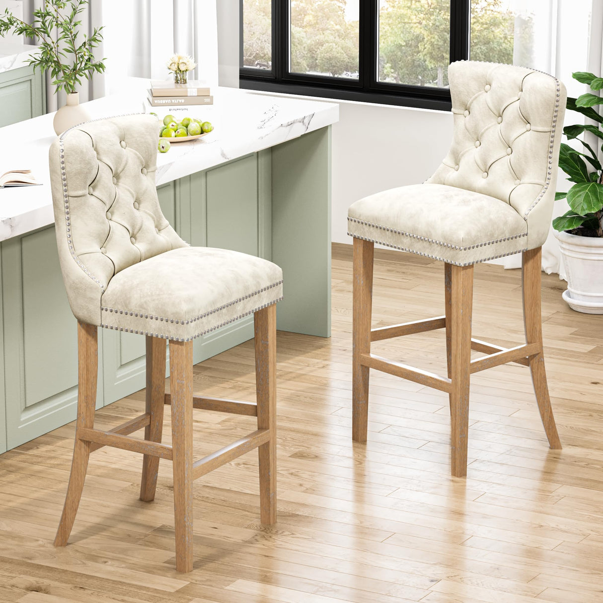 DKLGG 27''H Counter Height Bar Stools Set of 2, Velvet Tufted High Bar Stools with Back and Footrest, Upholstered Bar Tall Chairs for Kitchen Island, Dining Room, Pub(Beige) DKLGG