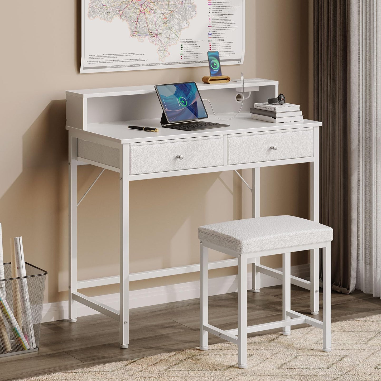 Seventable Vanity Desk without Mirror, Makeup Vanity with Drawers and Charging Station, Small Desk with Storage for Bedroom, Simple Home Office Computer Desk for Small Spaces, White - WoodArtSupply