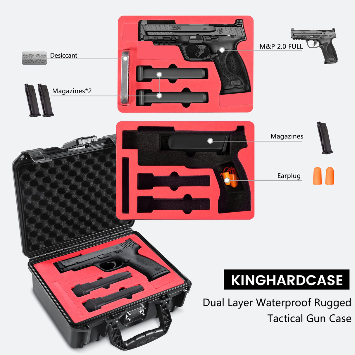 Kinghardcase TSA Combination Lockable Gun Case for Smith & Wesson, Water & Shock Proof Pistol Case Hard Shell Case for S&W M&P 9 M2.0, Smith & Wesson M&P 9 Shield EZ/Shield Plus, M&P 9 M2.0 5" Kinghardcase