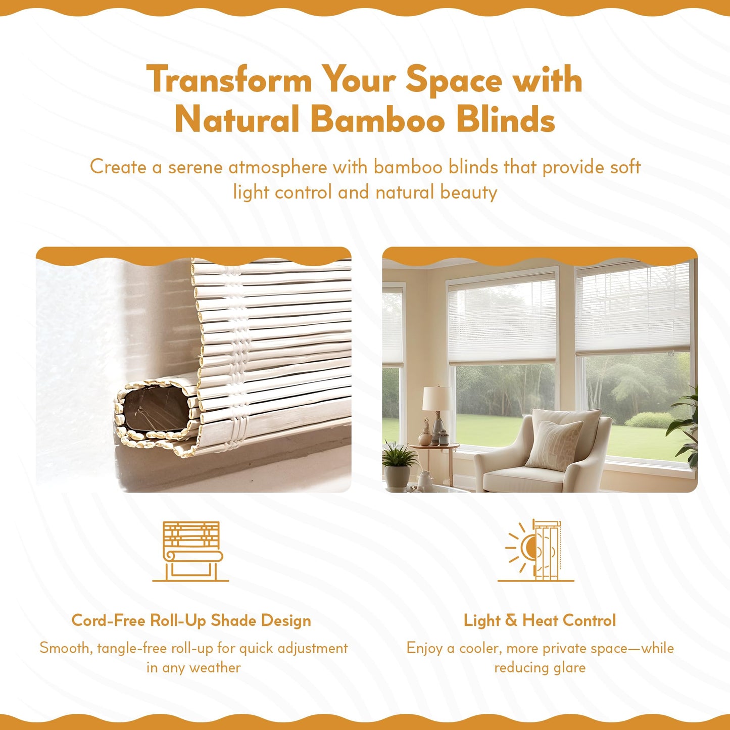 Radiance Cordless Bamboo Roman Shades for Windows - Matchstick Bamboo Blinds for Semi-Private Light Control - Easy to Lift & Fold Up Window Shades - White - 30" W x 64" L - (2215328E)