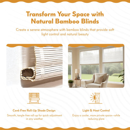 Radiance Cordless Bamboo Roman Shades for Windows - Matchstick Bamboo Blinds for Semi-Private Light Control - Easy to Lift & Fold Up Window Shades - White - 30" W x 64" L - (2215328E)