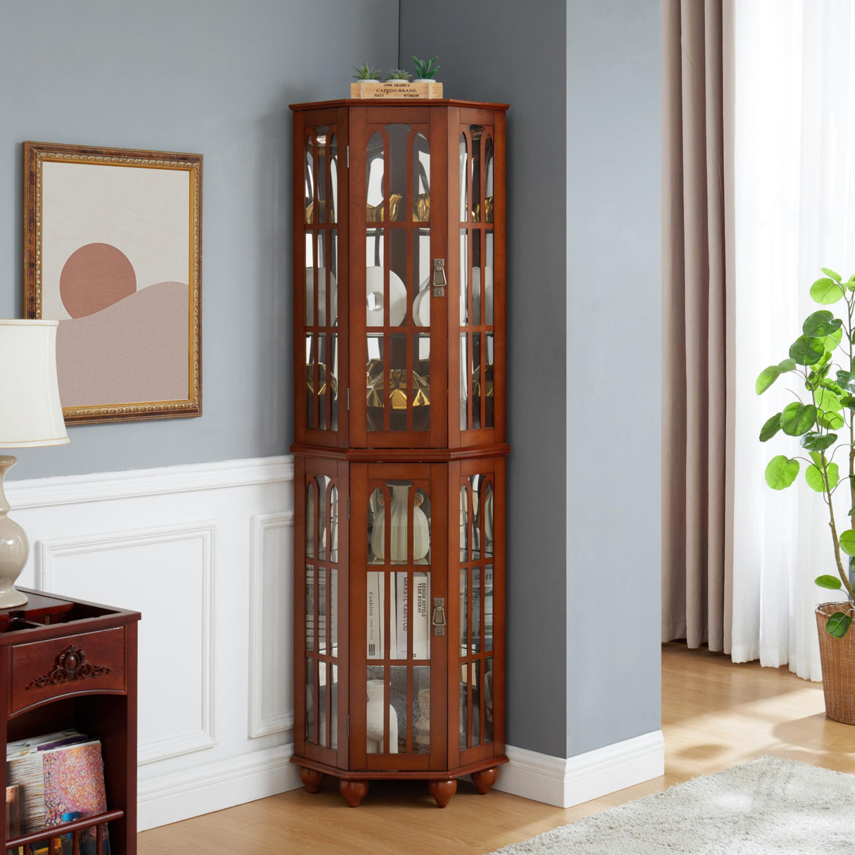 Anveffeg Corner Curio Cabinet with Glass Shelves, Tempered Glass Doors, Solid Wood Legs, 70H x 22W x 16.95D inches (Walnut) Anveffeg