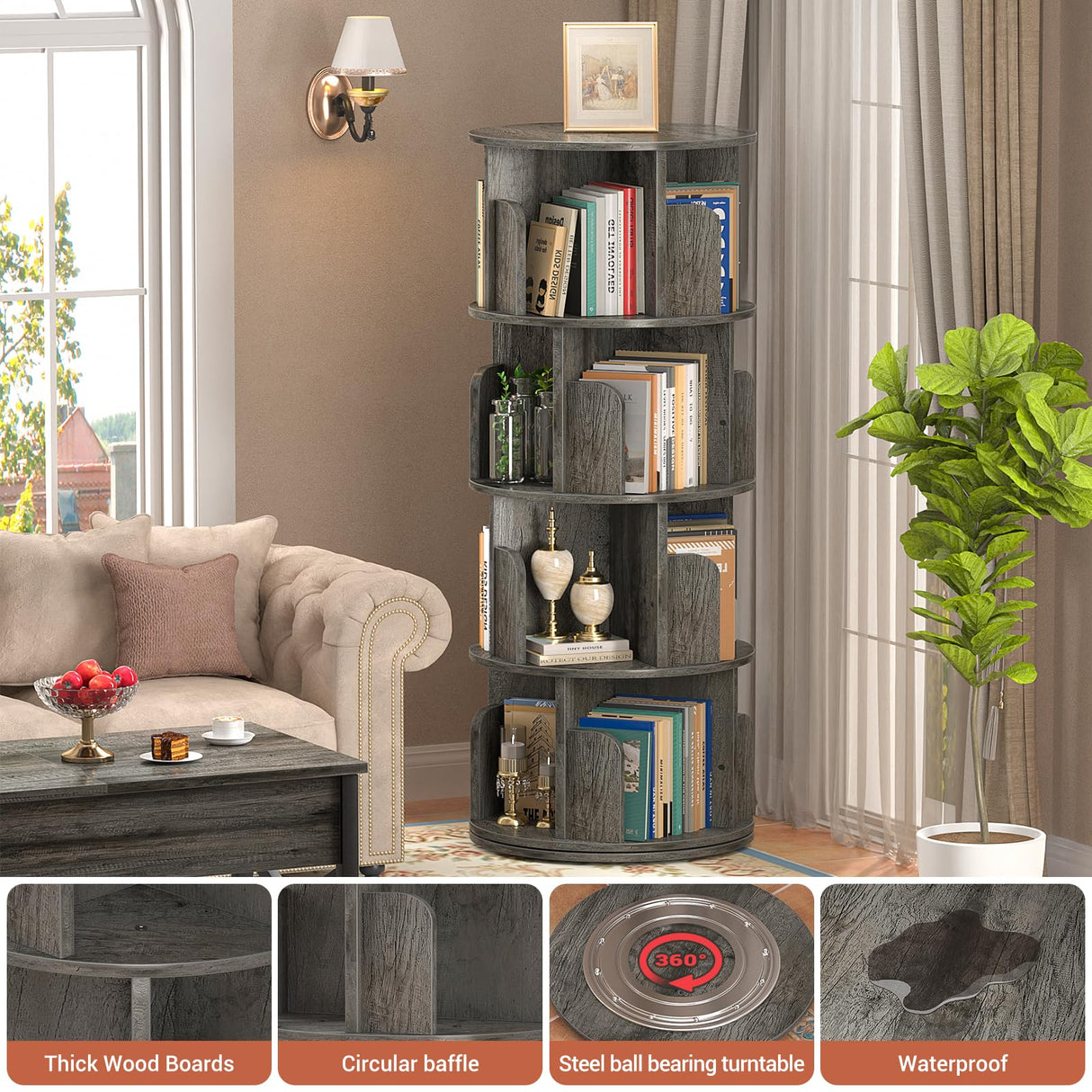 Besiost 360° Rotating 4-Tier Grey Oak Corner Bookshelf for Small Spaces Besiost