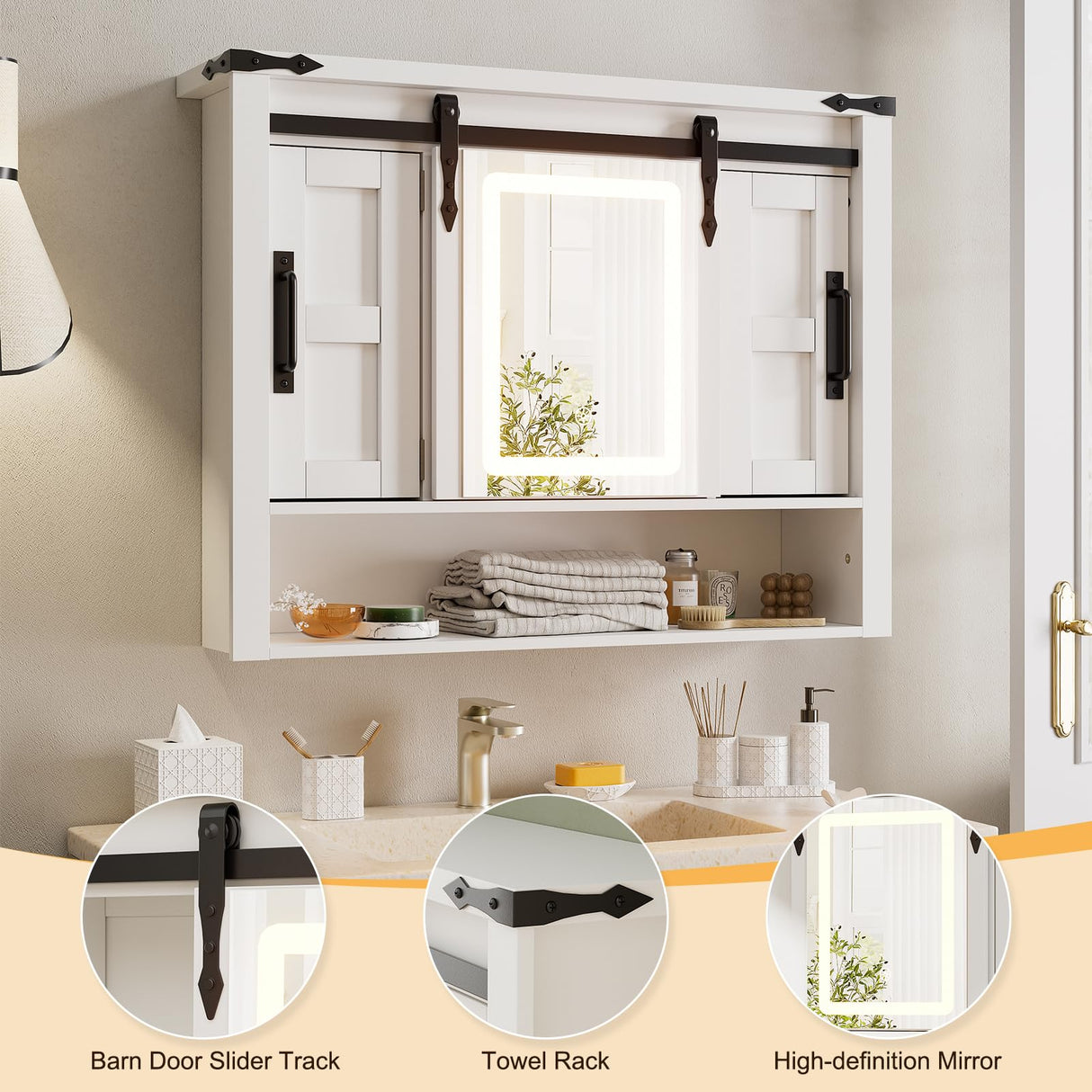 Mirror Medicine Cabinet Wall Mounted,Wall Cabinet with Lights, Bathroom Medicine Cabinet with Sliding Barn Door,Bathroom Vanity Cabinet with 2 Adjustable Shelf,3 Colors Touch LED Lights,White SDMY