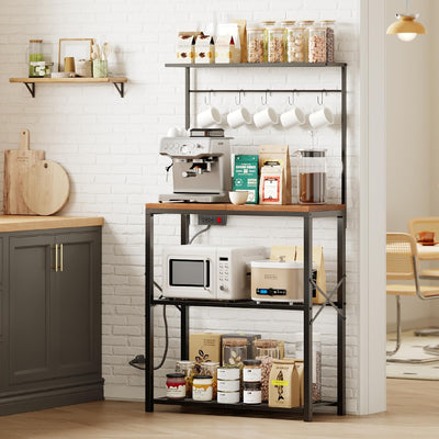 Txecpro kitchen Bakers Rack with Power Outlet, Coffee Bar Table 4 Tiers, Microwave Stand with 6 S-shaped Hooks, Kitchen Storage Shelf Rack for Spices, Pots and Pans，25.6" L x 12" W x 53.5" H