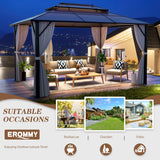 EROMMY 10'x13' Gazebo Polycarbonate Double Roof Canopy Outdoor Aluminum Frame Pergolas with Netting and Curtains for Garden Patio Lawns Parties EROMMY