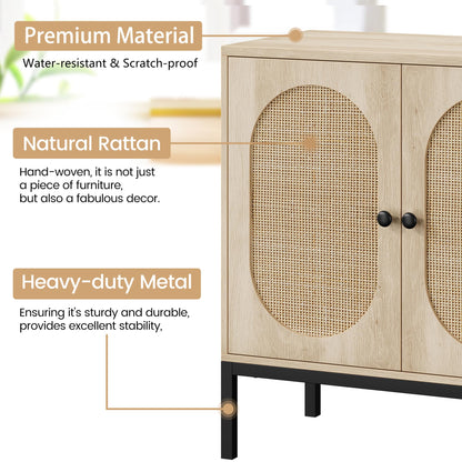 IDEALHOUSE Rattan Buffet Cabinet, Storage Cabinet with Doors and Shelves, Accent Cabinet Sideboard, Wood Console Cabinet with Storage Entryway Cabinet for Living Room, Dining Room, Hallway (Natural)