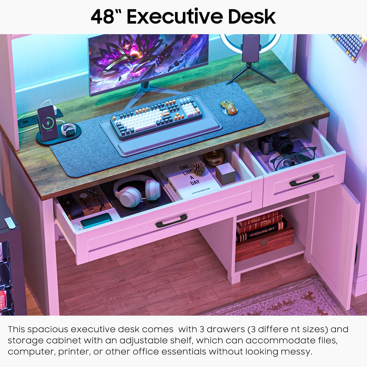 Vabches Farmhouse 47" Executive Desk, Computer Desk with 2 Drawers, LED Light and Storage Cabinet, Home Office Desk with Hutch, Charging Hub, Workstation for Home Office and Study.Unique White Vabches