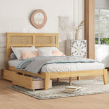 MoproBeti Full Bed Frame with Rattan Headboard,Rubber Wooden Boho Bed Frames with 2 Storage Drawers and Support Legs,No Box Spring Needed, White Oak MoproBeti