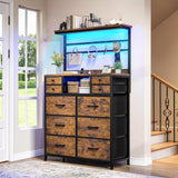 63" H Dresser for Bedroom with 10 Drawers, Fabric Dresser with Charging Station and LED Lights,Dressers & chests of Drawers with Open Shelves for Bedroom, Entryway, Rustic Brown EnHomee