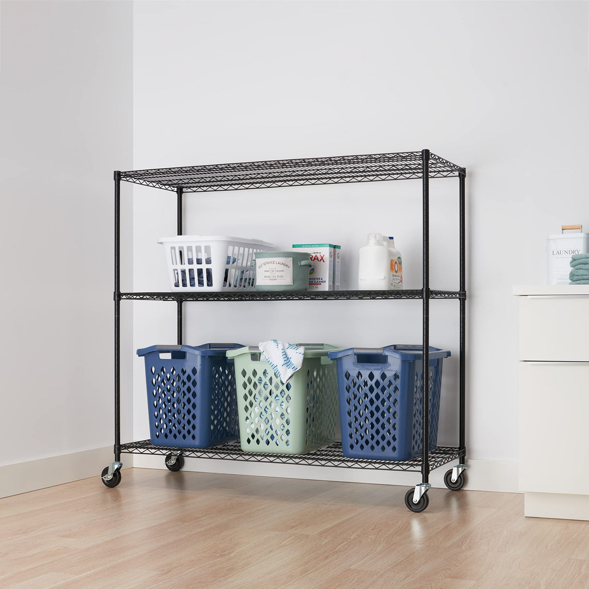 TRINITY Basics 3-Tier Adjustable Wire Shelving with Wheels for Kitchen Organization, Garage Storage, Laundry Room, NSF Certified, 600 to 1350 Pound Capacity, 60” by 24” by 54”, Black TRINITY