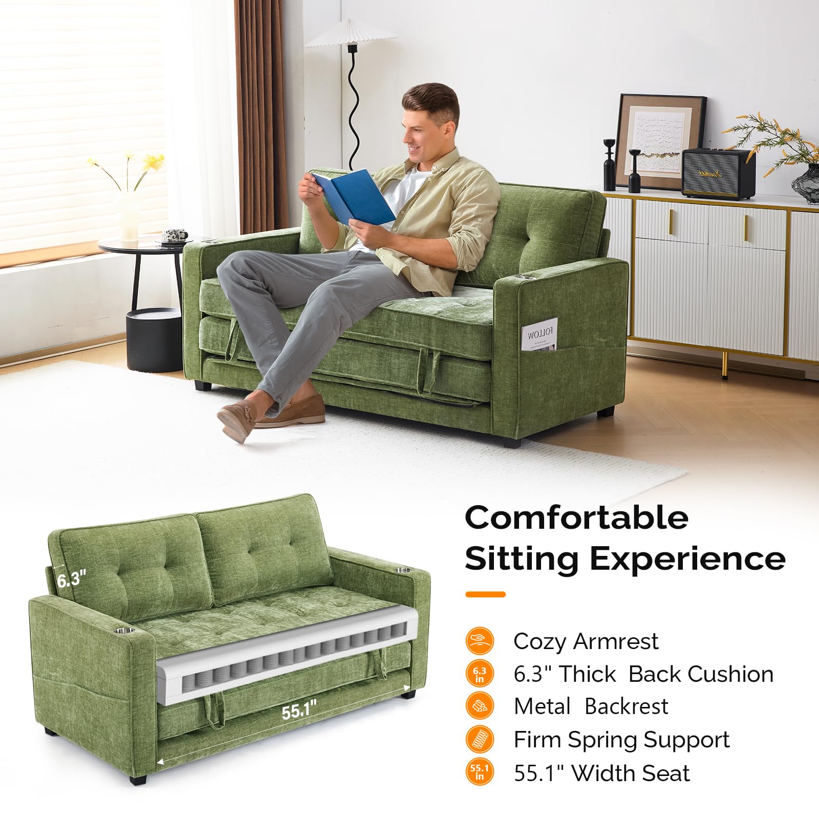 VINGLI Sofa Bed Full Size Pull Out Couch Bed Olive Green Futon Couch 64" W 84" L Loveseat Sleeper Floor Couches for Living Room Convertible Loveseat Sofa Foldable Sofa Bed - WoodArtSupply