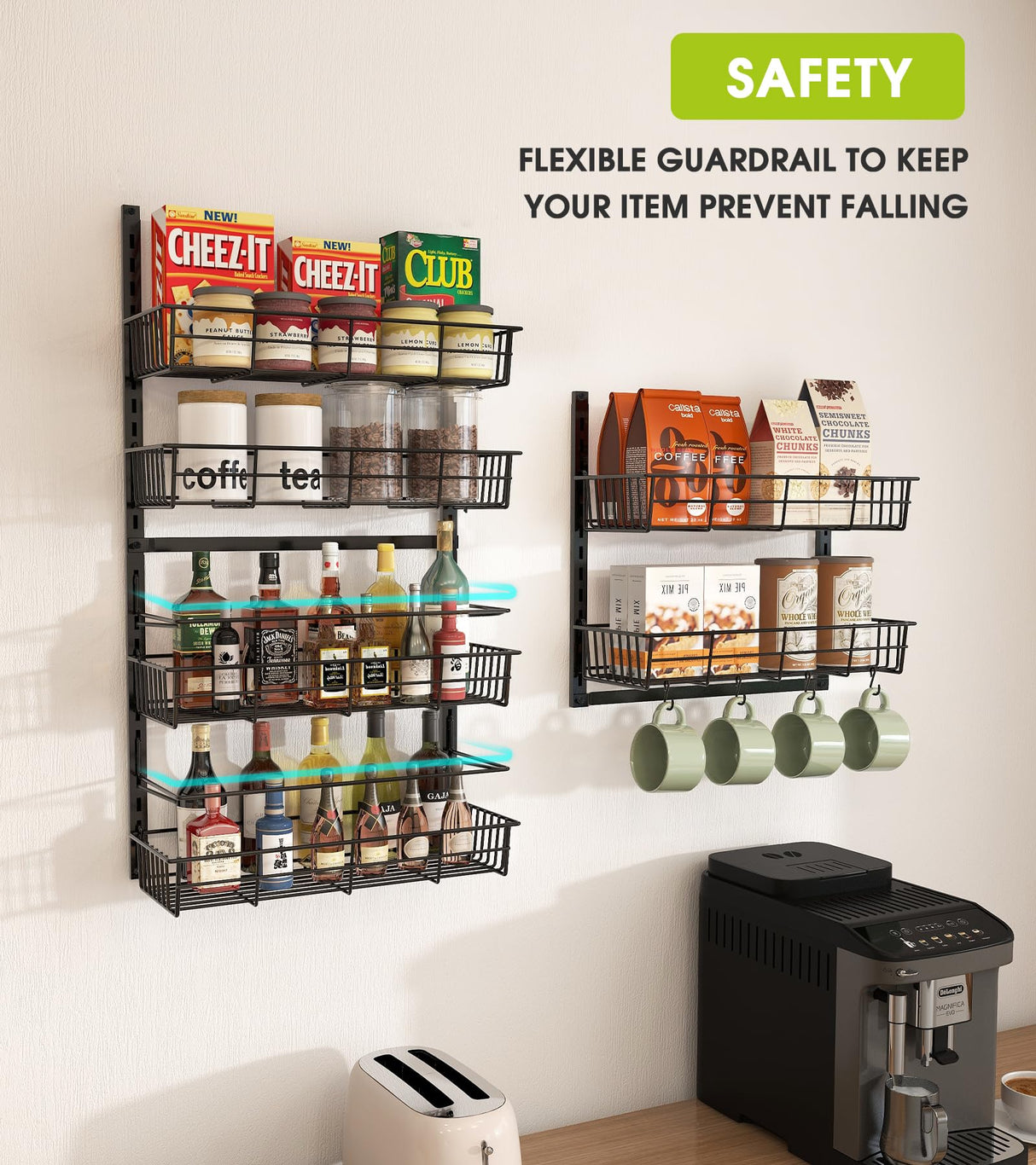 Mefirt Over The Door Pantry Organizer, Wall Mount Spice Rack, Pantry Hanging Storage and Organization, 8 Adjustable Baskets Heavy-Duty Metal for Home & Kitchen, Back of Door Seasoning Rack - Black Mefirt