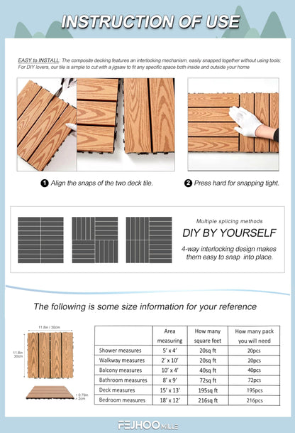 20 sq. ft Interlocking Deck Tiles 20pcs Wood Plastic 12"x12" Interlocking Patio Deck Tiles,Waterproof, Anti-Slip, Weather-Resistant, Ideal for Indoor and Outdoor Use (Light Coffee)