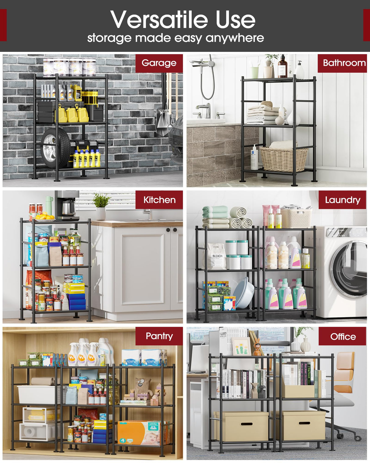 Sakugi Storage Shelves - 3 Tier Shelf Organizer, Sturdy Metal Garage Shelving with Adjustable Leveling Feet, Space-Saving Shelves Organizer for Pantry, Laundry, Kitchen (18" x 12" x 30", Black) Sakugi