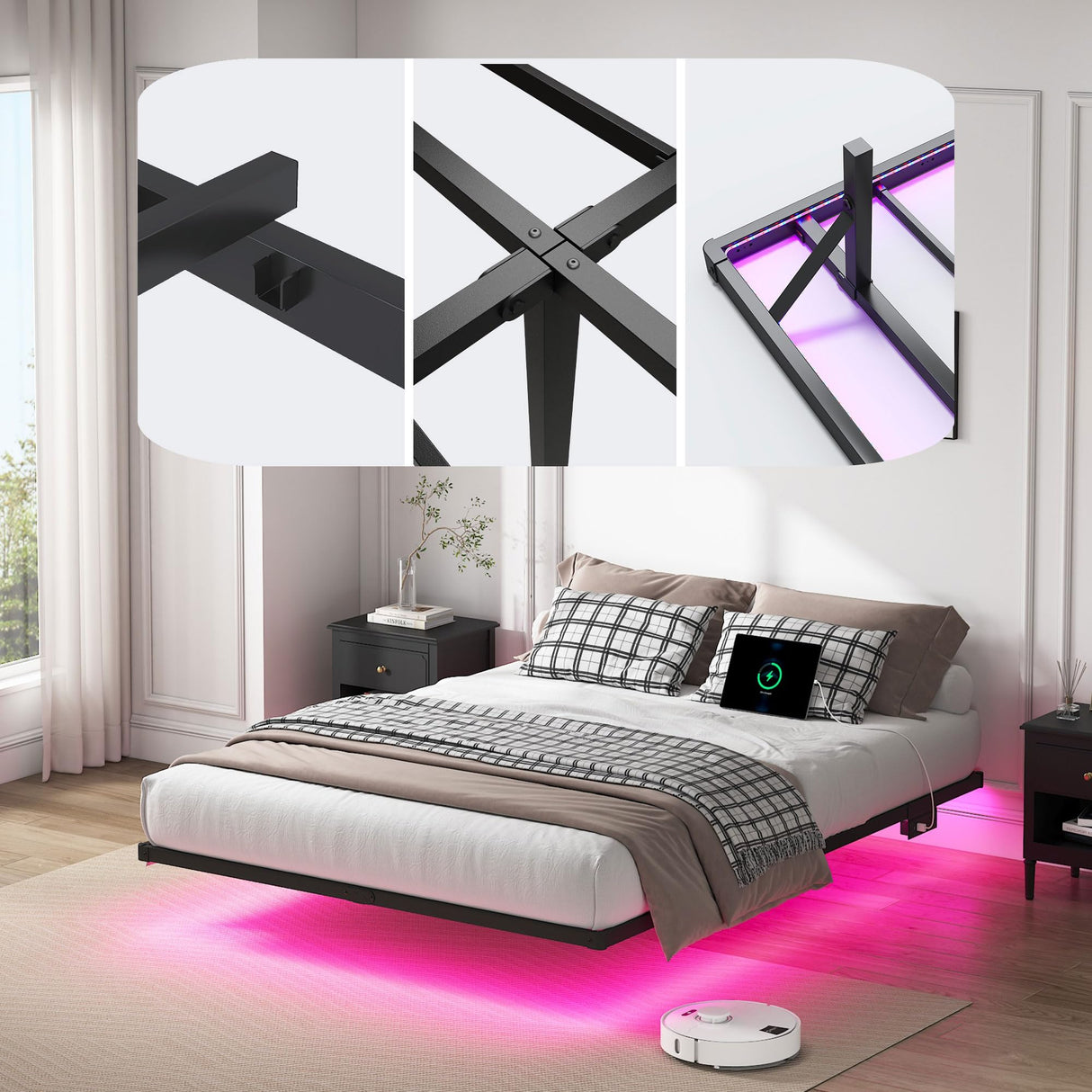 YORMDMO Floating Bed Frame Queen Size, Heavy Duty Bedframe with Smart LED Lights & Charging Station, Modern Metal Platform Bed, Easy Assembly No Box Spring Needed, 10 Inch YORMDMO