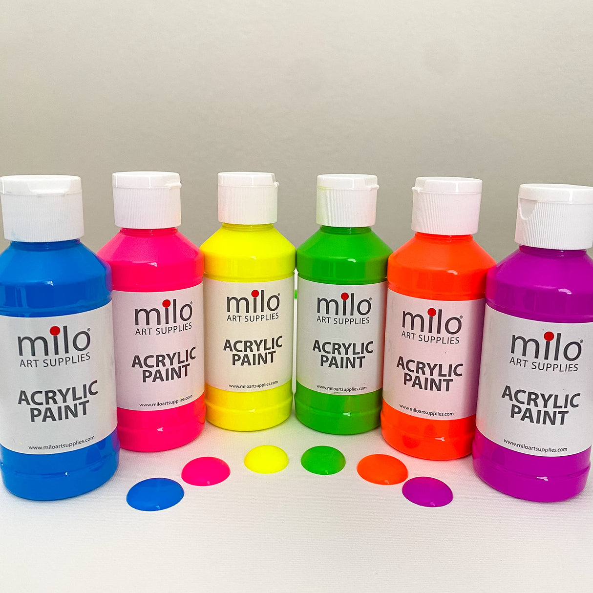 milo Fluorescent Acrylic Paint Set of 6 Colors | 4 oz Bottles | Student Neon Colors Acrylics Painting Pack | Made in the USA | Non-Toxic Art & Craft Paints for Artists, Kids, & Hobby Painters milo