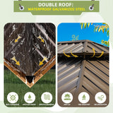 EROMMY 12' x 18' Gazebo, Wooden Finish Coated Aluminum Frame Canopy with Double Galvanized Steel Hardtop Roof, Outdoor Permanent Metal Pavilion with Curtains and Nettings for Patio, Backyard and Deck EROMMY