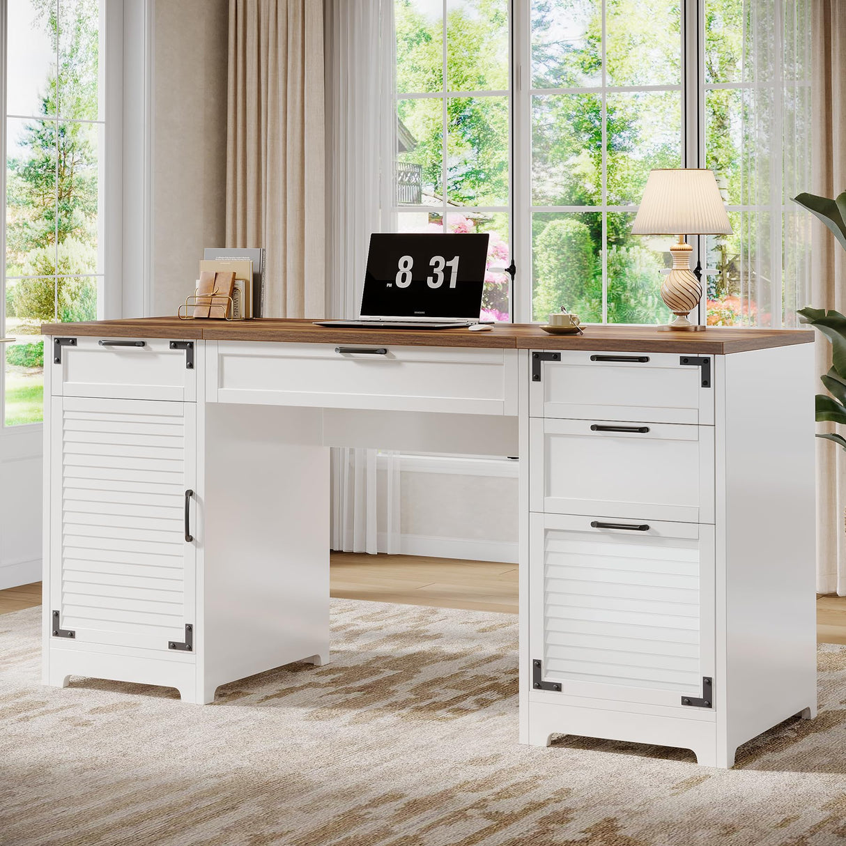 Tribesigns 59" Farmhouse Executive Desk, Computer Office Desk with File Drawers, Charging Station and Storage Cabinet, Wooden Rustic Writing Study Table for Home Office, White Tribesigns