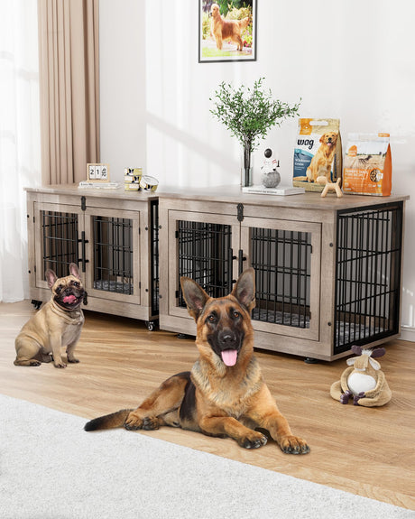 YaFiti Dog Crate Furniture with Cushion, Wooden Dog Kennel with Double Doors, Heavy Duty Dog Cage End Table with Wheels, Dog House Indoor for Small Medium Dogs up to 45 lb, 32.5” L, Grey YaFiti