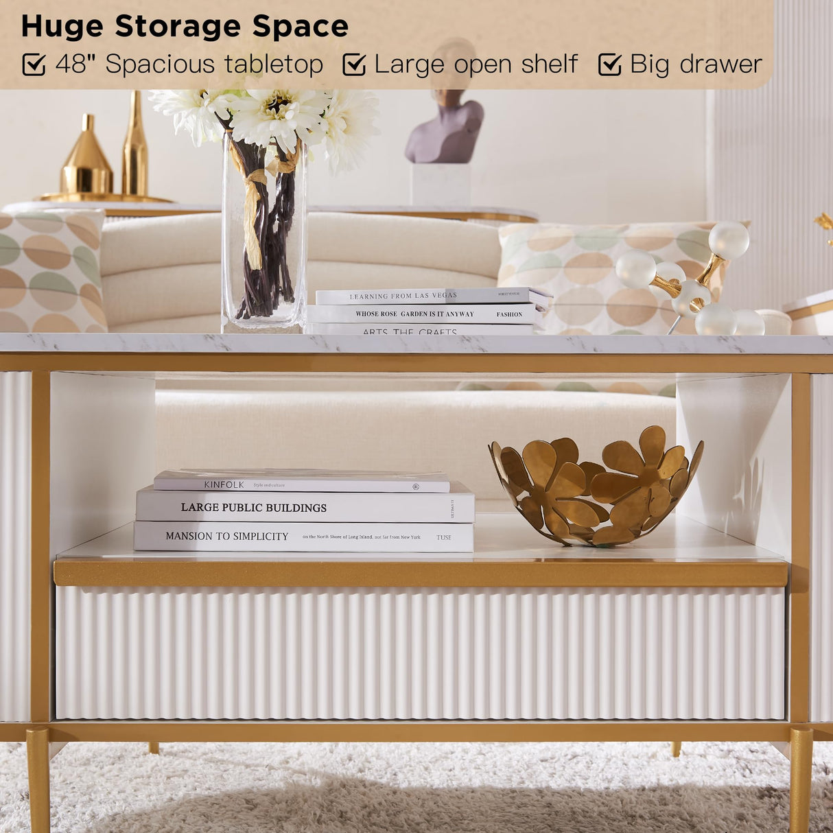 OKD Modern Luxury Fluted Coffee Table, 48" Oval Coffee Table with Drawer, Faux Marble Top, Curved Profile Design, Gold Metal Decor, Center Table for Living Room, Off White OKD