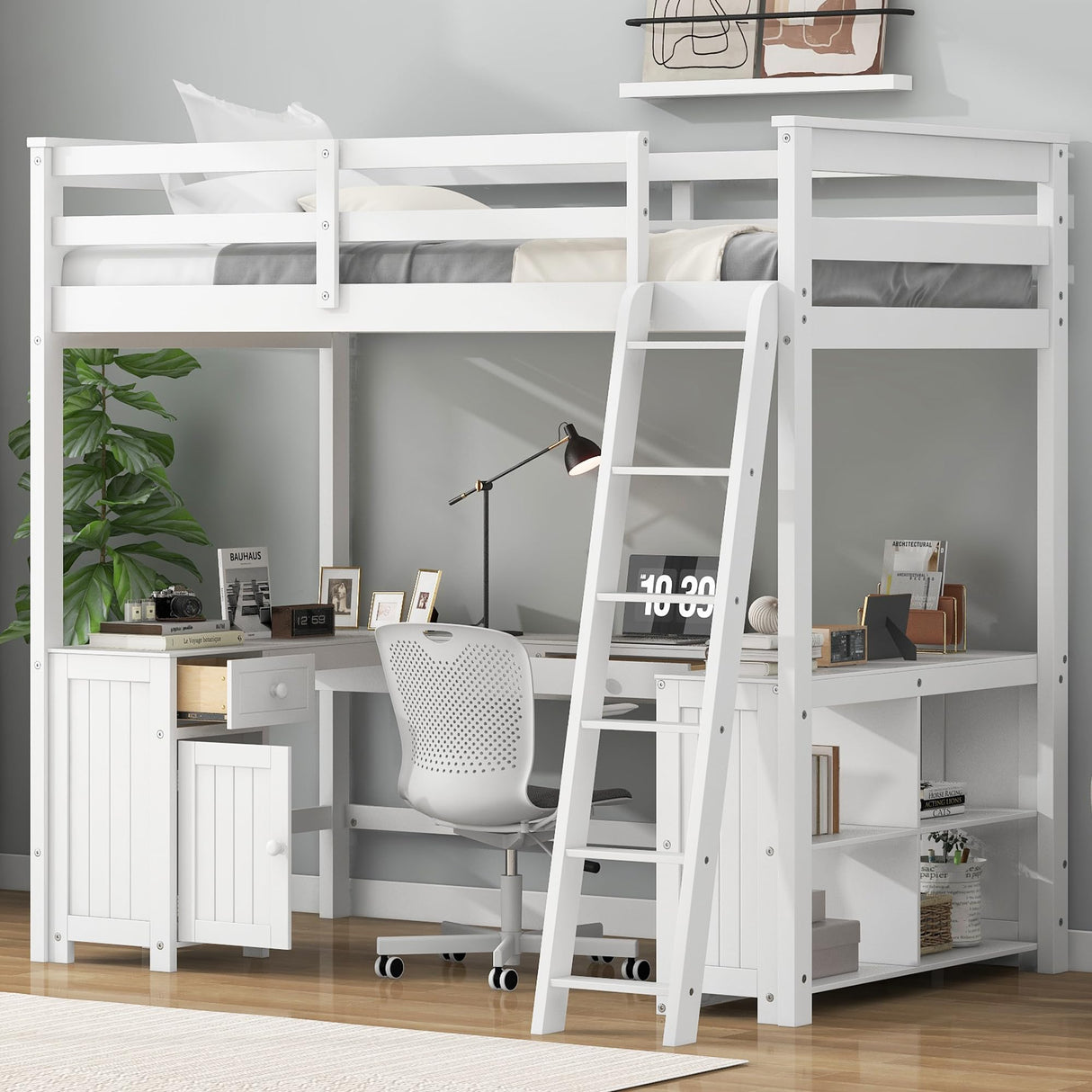 Merax Full Size Loft Bed with Desk and Storage, Full Loft Bed Frame with Drawers Shelves and Cabinet, Teens Kids Wooden Loft Bed Full with Storage for Apartment, No Box Spring Needed, White Merax