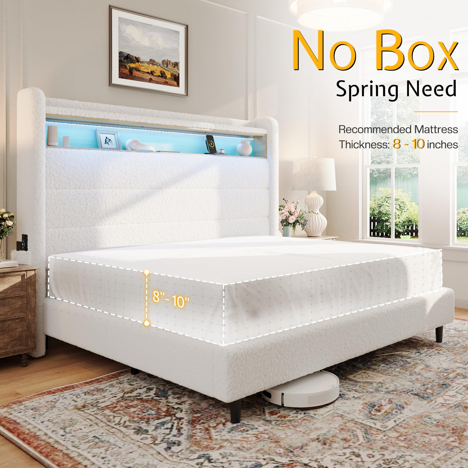 Jocisland Queen Upholstered Bed Frame with LED Lights and Charging Station - Boucle White Wingback Design - WoodArtSupply