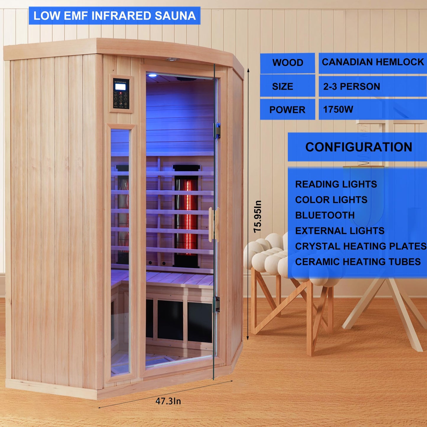 KUNSANA Ceramic Infrared Sauna 2 Person Far Infrared Sauna Low EMF Indoor Saunas for Home Hemlock Wooden Sauna Room with Bluetooth Speakers, LED Reading Lamps, Chromotherapy Lights