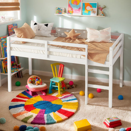 Anwick Twin Low Loft Bed with Stairs and High Guardrail, Wood Junior Loft Bed Frame for Kids Toddler, Space Saving, No Box Spring Needed (White) Anwick