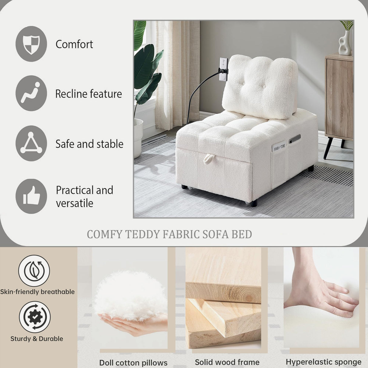 Anwick Modern 3 in 1 Teddy Fabric Sofa Bed Futon,Convertible Pull Out Bed Couches with Adjustable Backrests,Phone Stand,Single Sleeper Chair Bed for Small Living Room Bedroom (White) Anwick