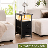 Yoobure End Table with Charging Station, Narrow Side Table LED Small Night Stand, Skinny Nightstand with Fabric Drawers, Bedside Table End Tables Living Room, Side Tables Bedroom for Small Spaces Yoobure
