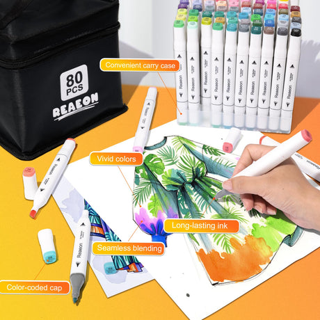 Reaeon Alcohol Art Markers, 80 Colors Fine & Chisel Dual Tip Marker Set, Permanent Art Markers for Adults Kids Sketching Painting Drawing and Coloring（White Barrel Reaeon