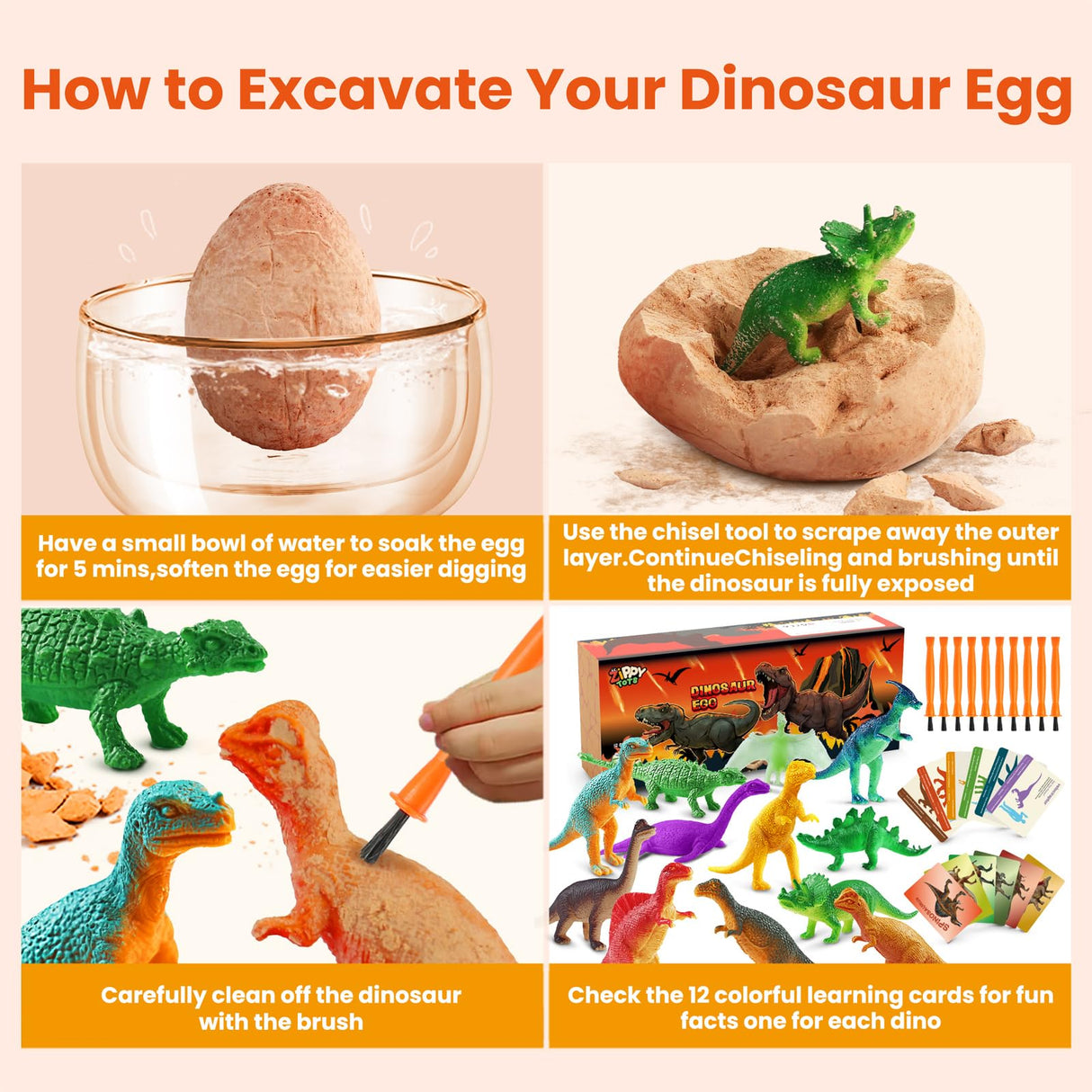 Zippytots Dino Eggs Excavation Dig Kit-12 Unique Dinosaur Eggs with Educational Learning Cards -Easter Eggs STEM Science Activities - Educational Toy Gift for Kids Boys Girls Age 3+ Zippytots